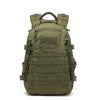 Olive green tactical backpack with MOLLE system and straps