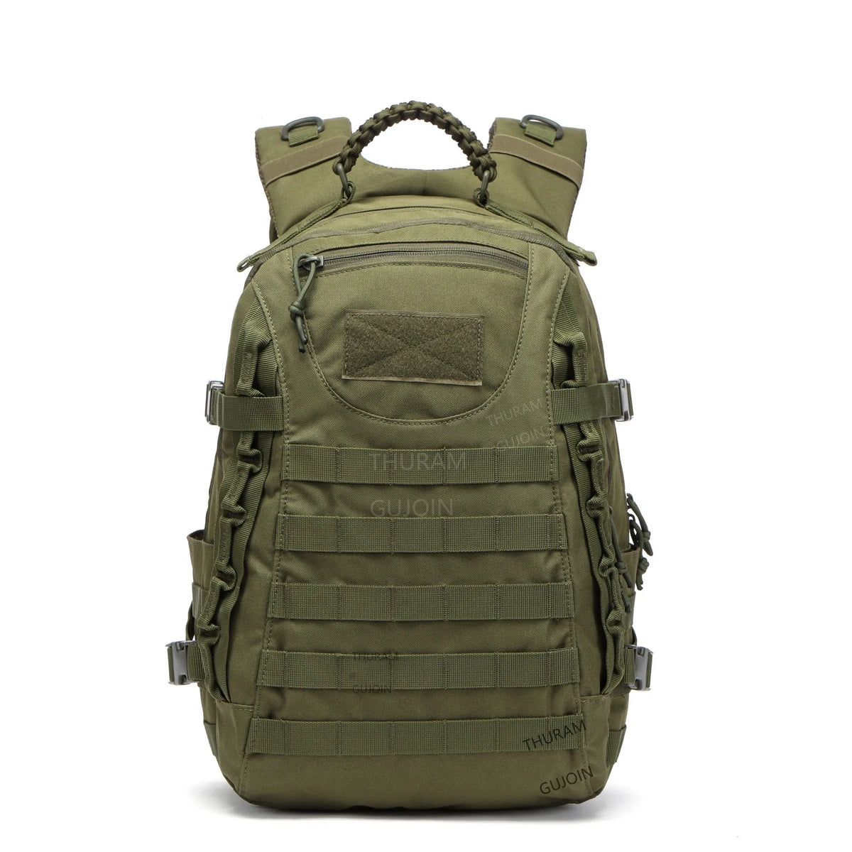 Olive green tactical backpack with MOLLE system and straps