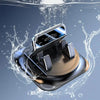 A black 360° rotatable car phone mount with a nano-gel base is shown submerged in water droplets.