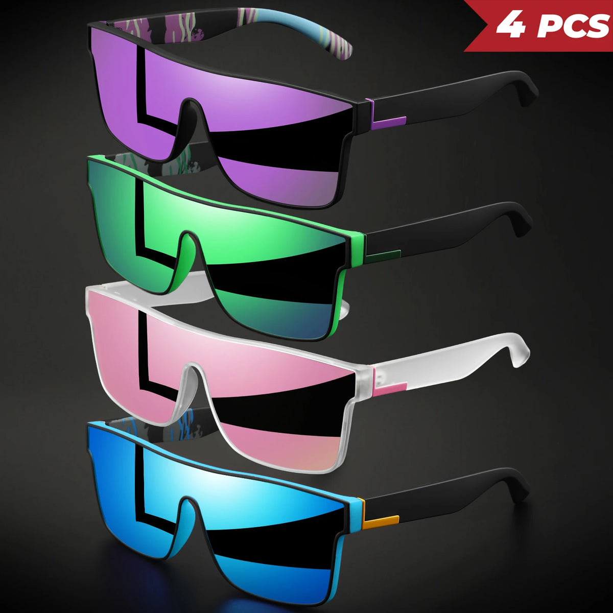 Four pairs of classic square sports sunglasses in purple, green, pink, and blue with black frames