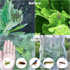 Before and after images showing ultra-fine mesh netting protecting garden plants from pests