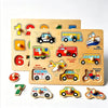A set of wooden alphabet and number peg puzzles featuring large numbers and letters for toddlers