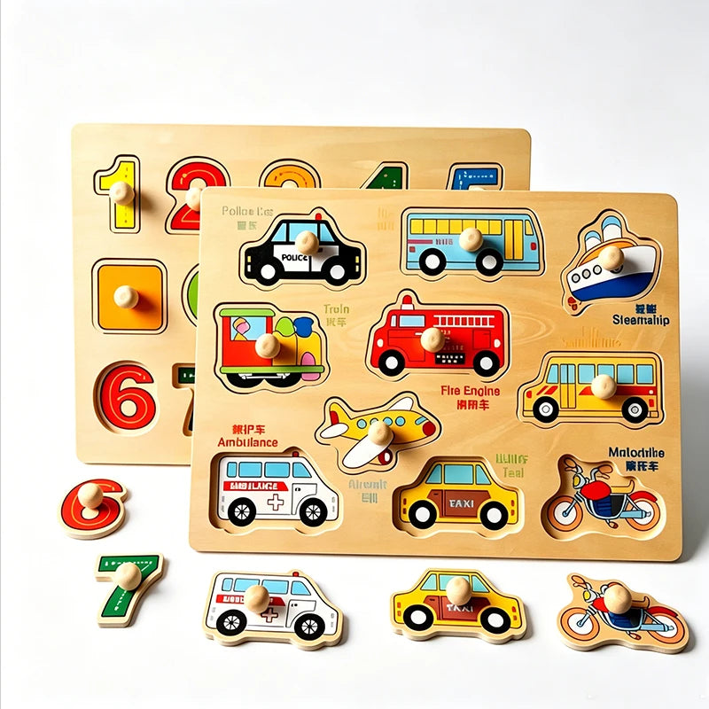 A set of wooden alphabet and number peg puzzles featuring large numbers and letters for toddlers