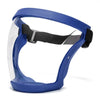 Blue full face anti-fog splash shield with a black adjustable strap