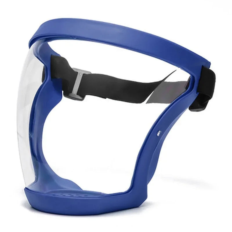 Blue full face anti-fog splash shield with a black adjustable strap
