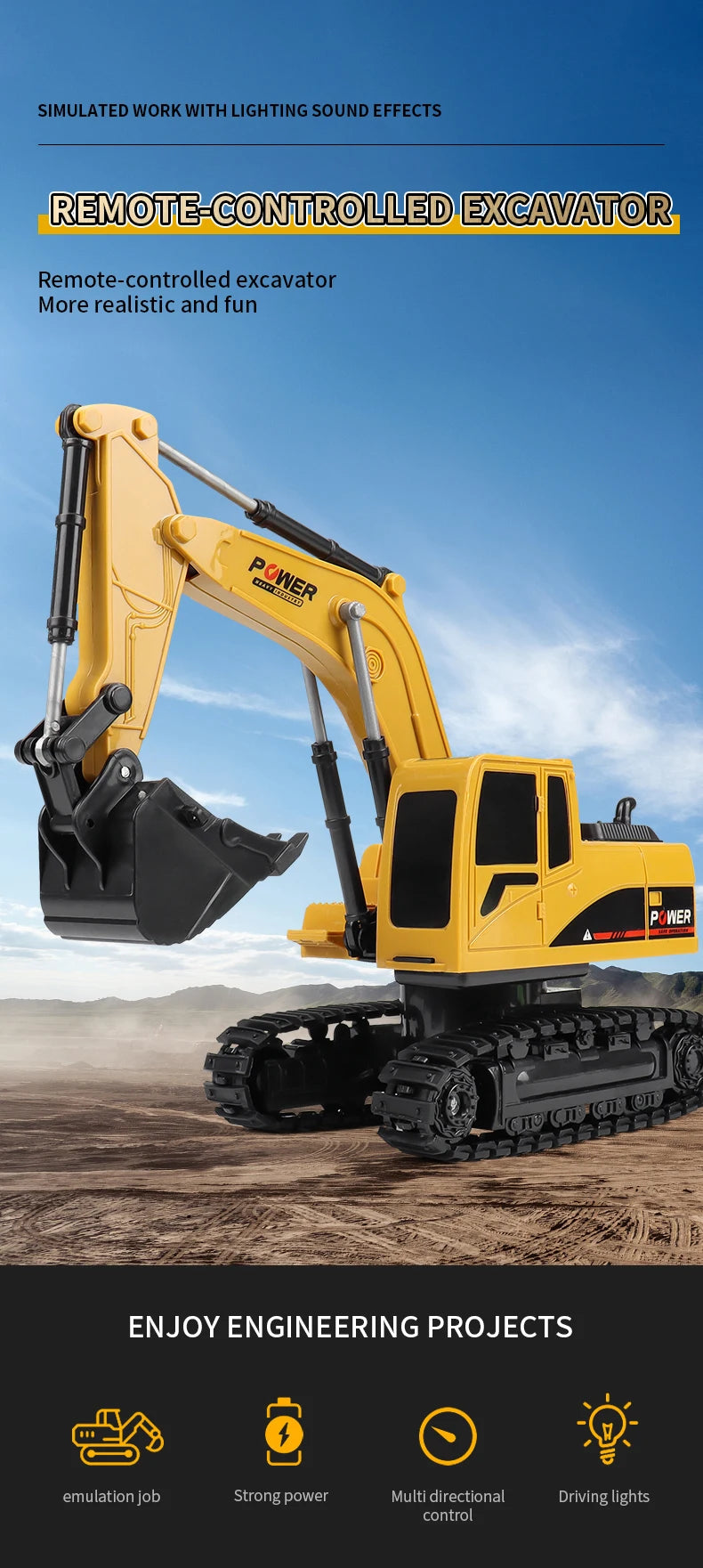 A yellow remote-controlled excavator is shown operating in a construction environment.