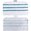 White microfiber pads with teal stripes and a clear plastic storage pouch for replacement steam mop pads