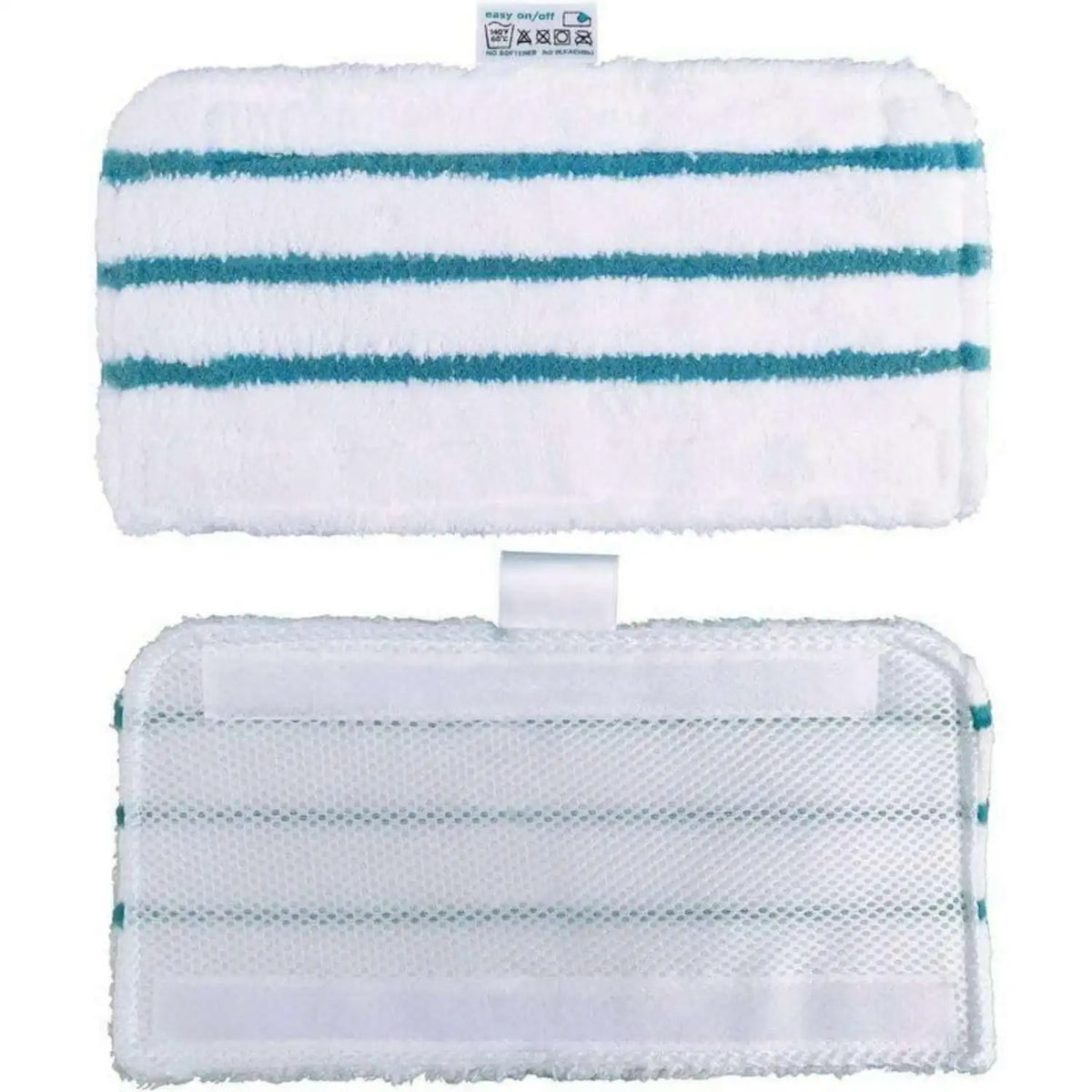 White microfiber pads with teal stripes and a clear plastic storage pouch for replacement steam mop pads