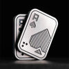 A silver metal fidget slider toy shaped like a playing card with a skull design.