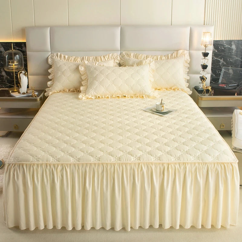 Quilted Solid Color Bed Skirt with Pleated Ruffle