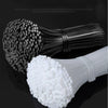 A comparison of black nylon self-locking cable ties and white nylon self-locking cable ties.