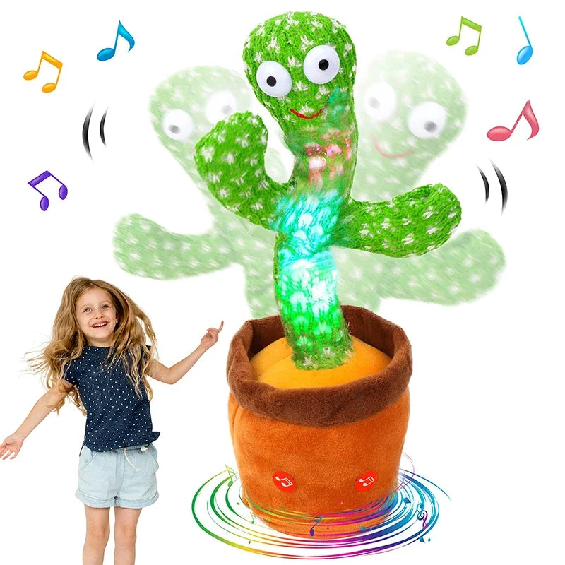 A green dancing cactus plush toy with musical notes floating around it, standing in an orange pot.