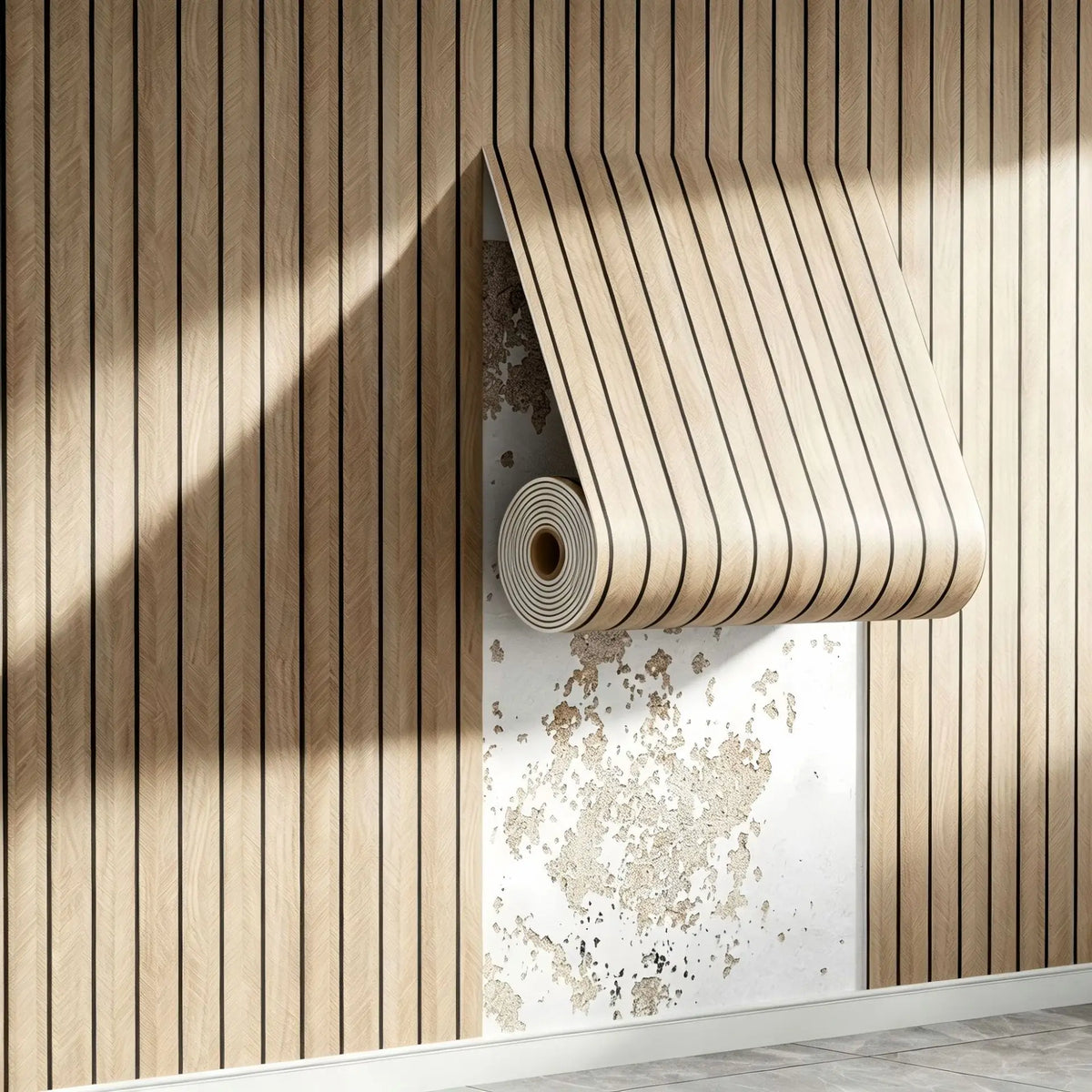 A roll of wood grain peel-and-stick wall tiles is partially unrolled against a vertical wooden slat background.