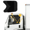 A black truck side window sunshade with suction cups is shown installed on a white vehicle.