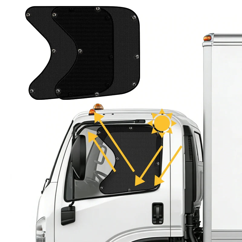 A black truck side window sunshade with suction cups is shown installed on a white vehicle.