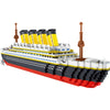 A detailed model kit of a Titanic ship built from black, white, and red building blocks.