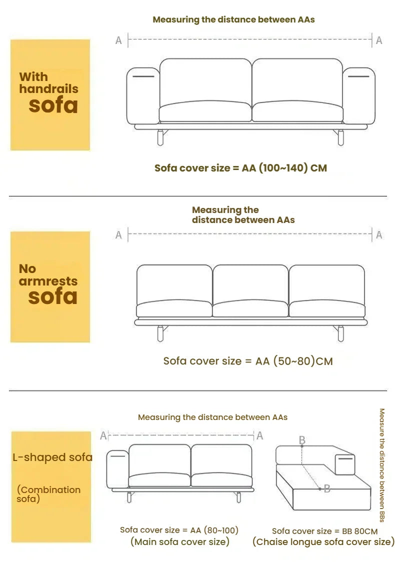Diagrams showing measurements and sizes for different sofa covers including standard, no armrest, and L-shaped options.