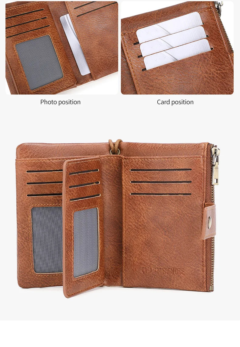 Vintage RFID-Blocking Triple-Fold Wallet with Double Zipper