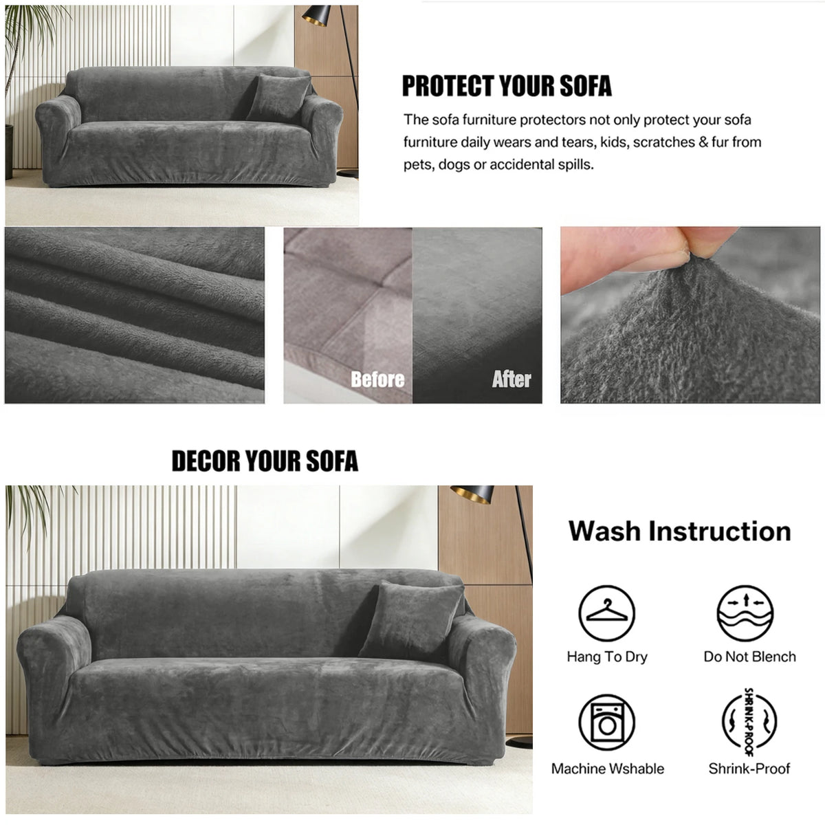 Stretch Velvet Non-Slip Sofa Cover for L-Shaped Couches