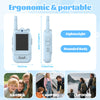 A white kids video walkie talkie with an HD camera and a rechargeable battery shown next to outdoor scenes.