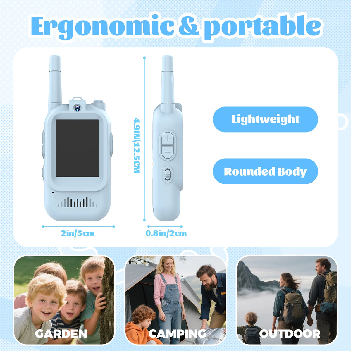 A white kids video walkie talkie with an HD camera and a rechargeable battery shown next to outdoor scenes.