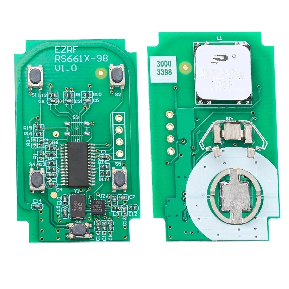 A green electronic board with components and a white module for a 5-button remote key.