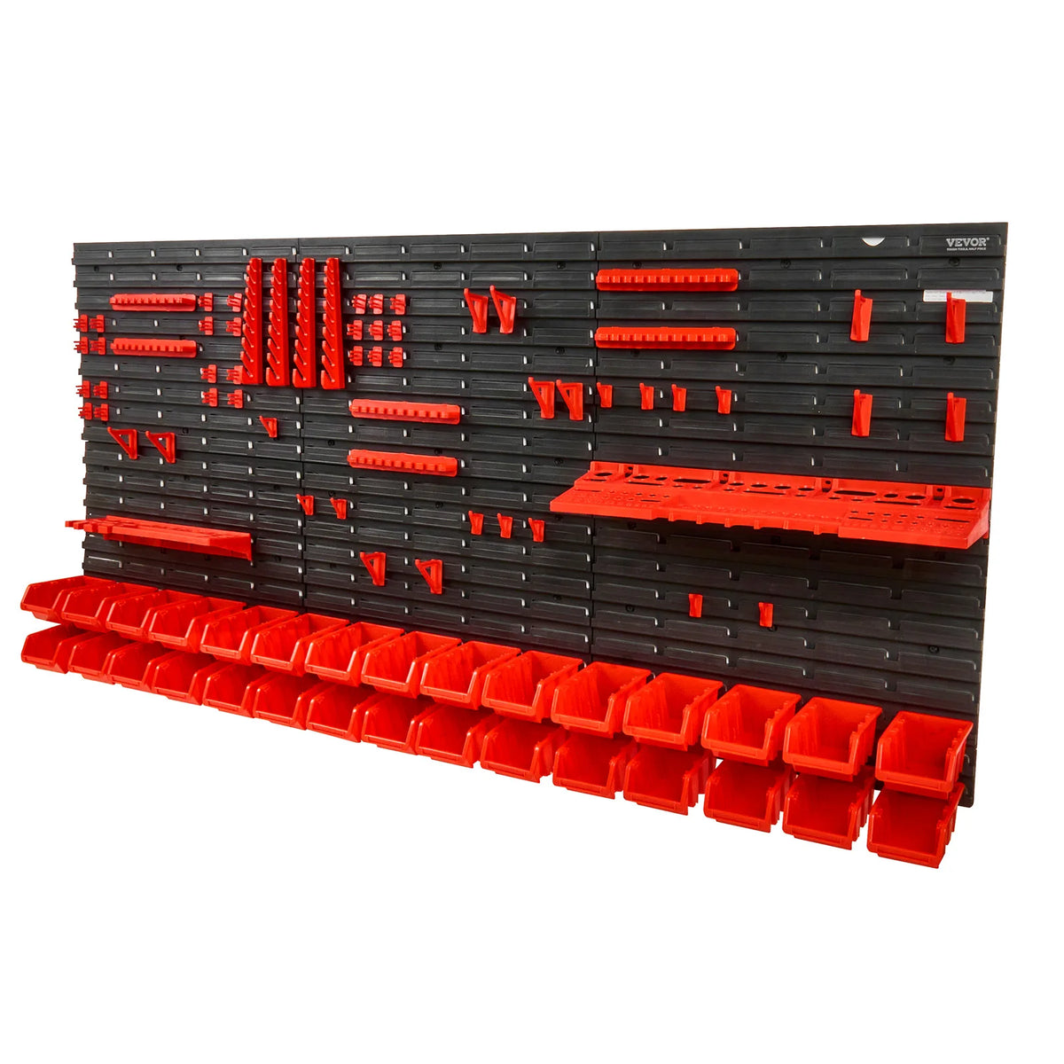 Black wall-mounted storage organizer featuring red plastic bins and parts for organization