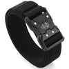 Black tactical nylon belt with a secure metal buckle and adjustable strap.