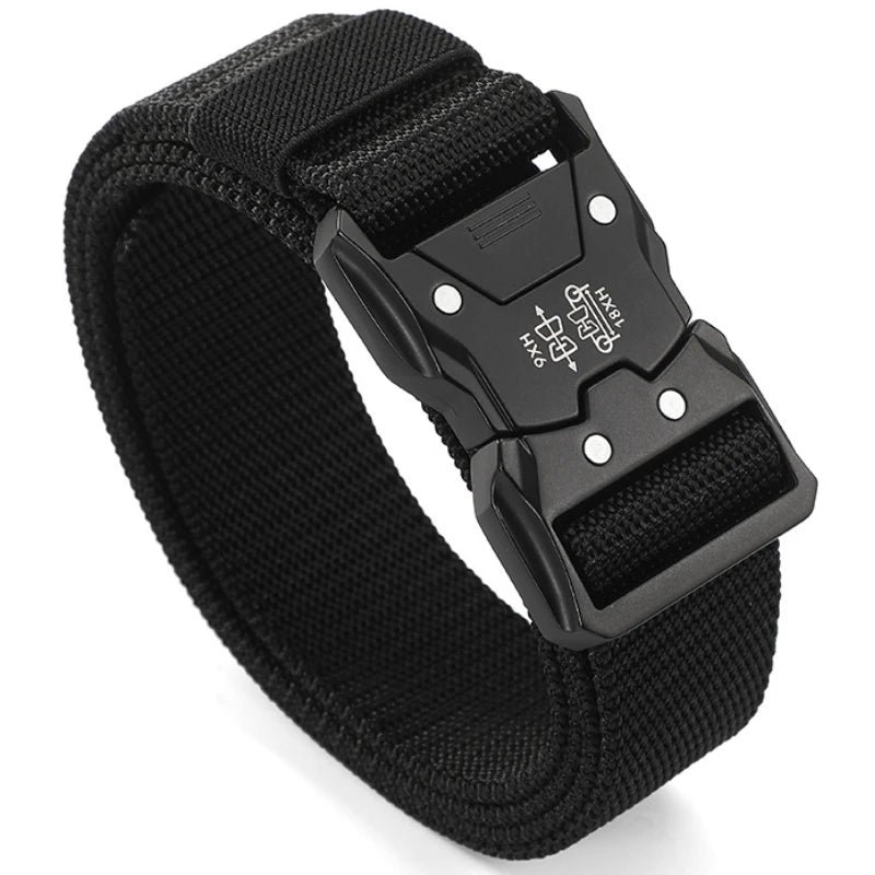 Black tactical nylon belt with a secure metal buckle and adjustable strap.