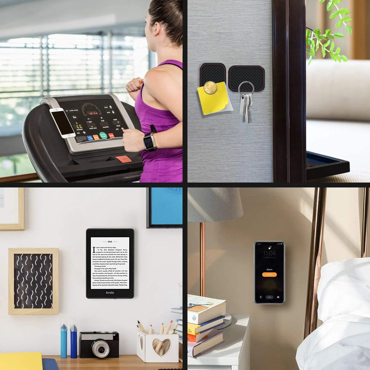 Support magnétique fin pour téléphone de voiture monté sur une porte, à côté d'un smartphone et de clés.