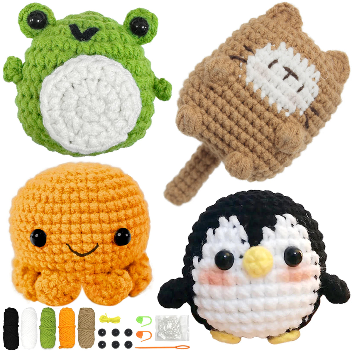 A crochet kit featuring three animal figures: a green frog, a brown bear, and a black and white penguin, along with yarn and 