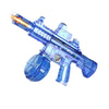 A blue electric rapid-fire water blaster with a continuous stream is shown.