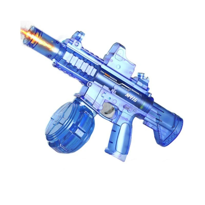A blue electric rapid-fire water blaster with a continuous stream is shown.