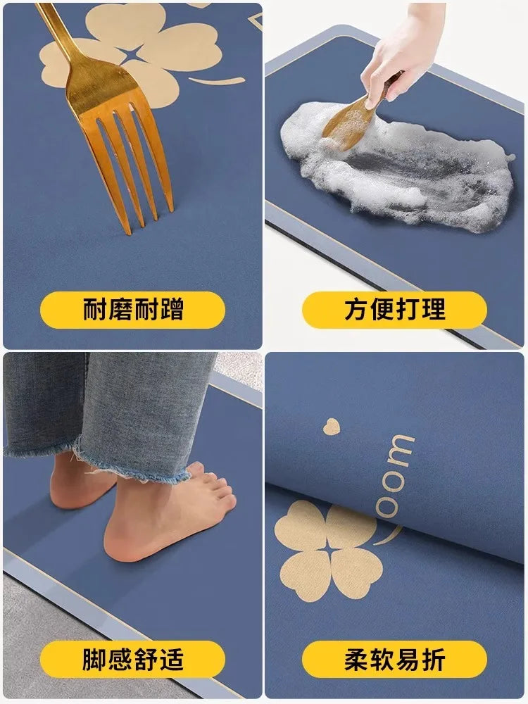 A set of quick-dry non-slip bathroom mats shown with features like easy cleaning, slip resistance, and anti-static properties