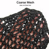 Close-up of a black coarse mesh crochet hair net being worn on a person's scalp.