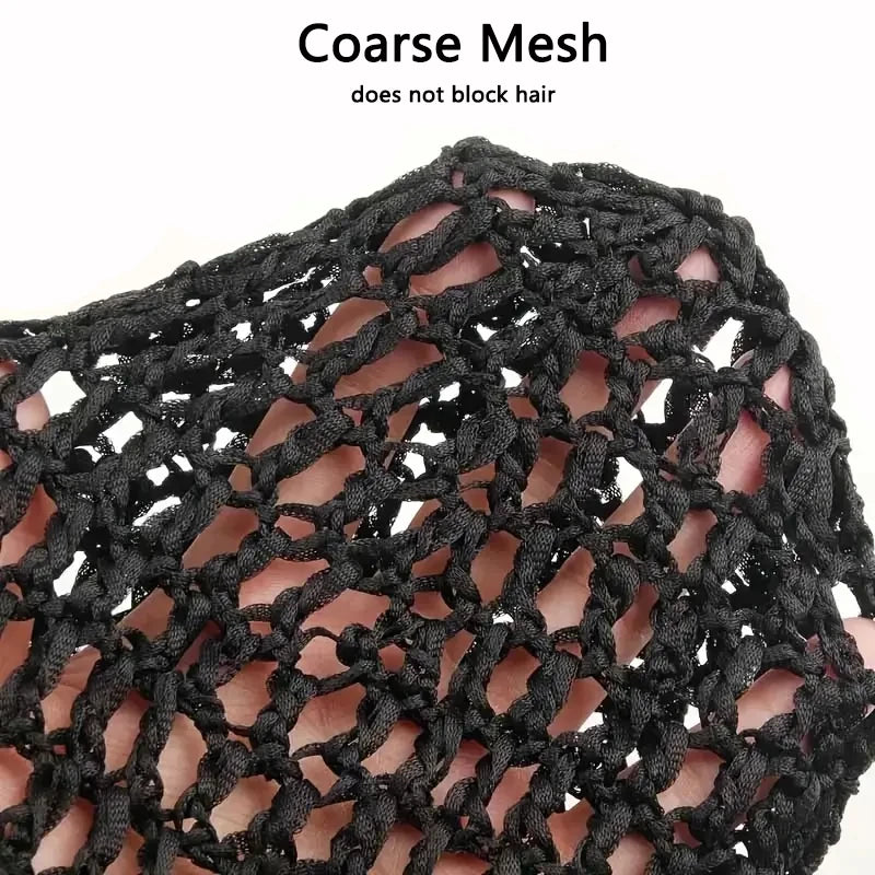 Close-up of a black coarse mesh crochet hair net being worn on a person's scalp.