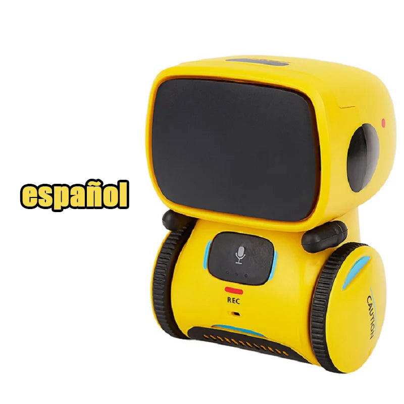A yellow interactive voice-controlled robot toy with a black screen and speaker, shown from the front.