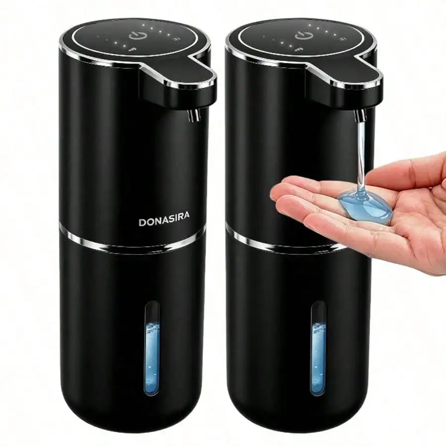 A black touchless automatic soap dispenser with a pump mechanism is shown next to a hand.