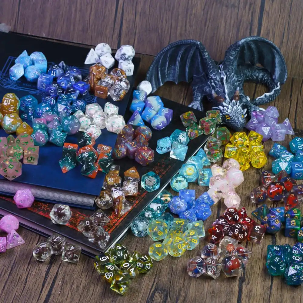 A collection of colorful polyhedral dice, including d20s and other shapes, displayed on a wooden surface.