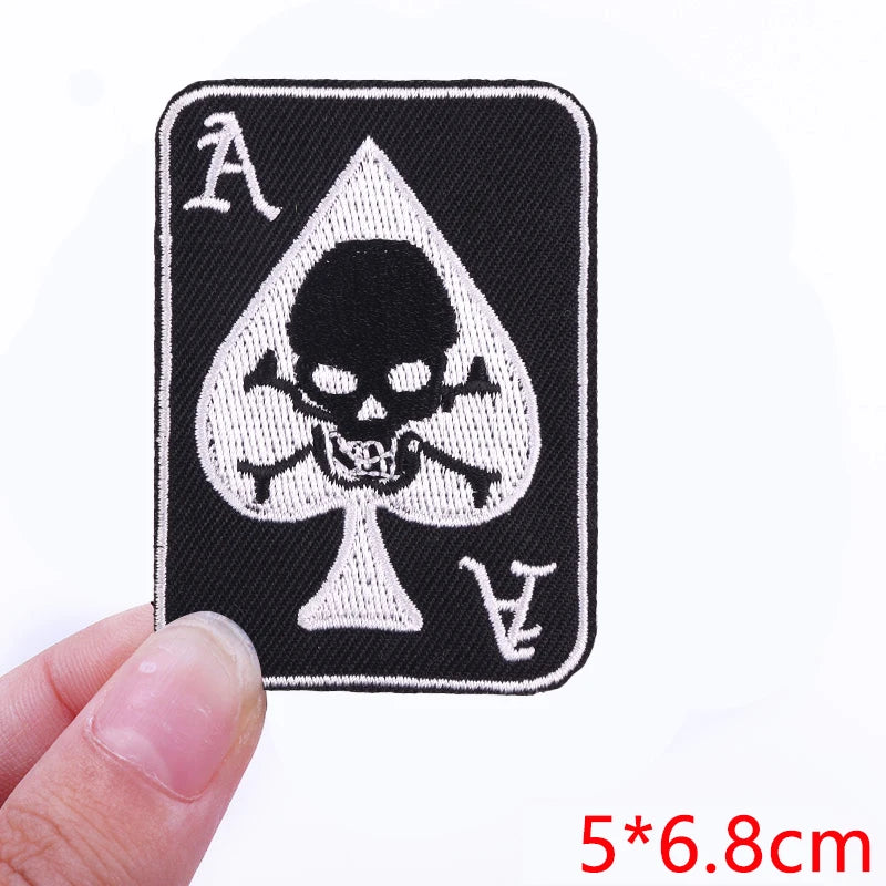 Black embroidered iron-on letter patch featuring an Ace of Spades design