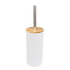 A bamboo bathroom organizer set featuring a white dispenser and a silver metal rod.