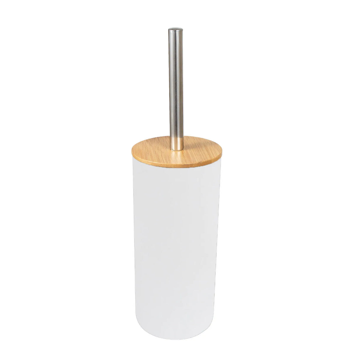 A bamboo bathroom organizer set featuring a white dispenser and a silver metal rod.