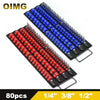A tray of 80 portable sockets organized in rows, featuring blue and red color options.