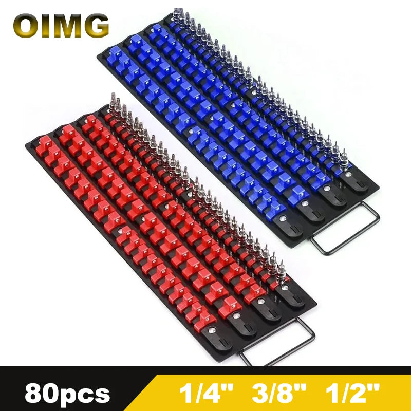 A tray of 80 portable sockets organized in rows, featuring blue and red color options.