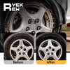 Before and after comparison of a tire and wheel cleaning process using concentrated cleaner