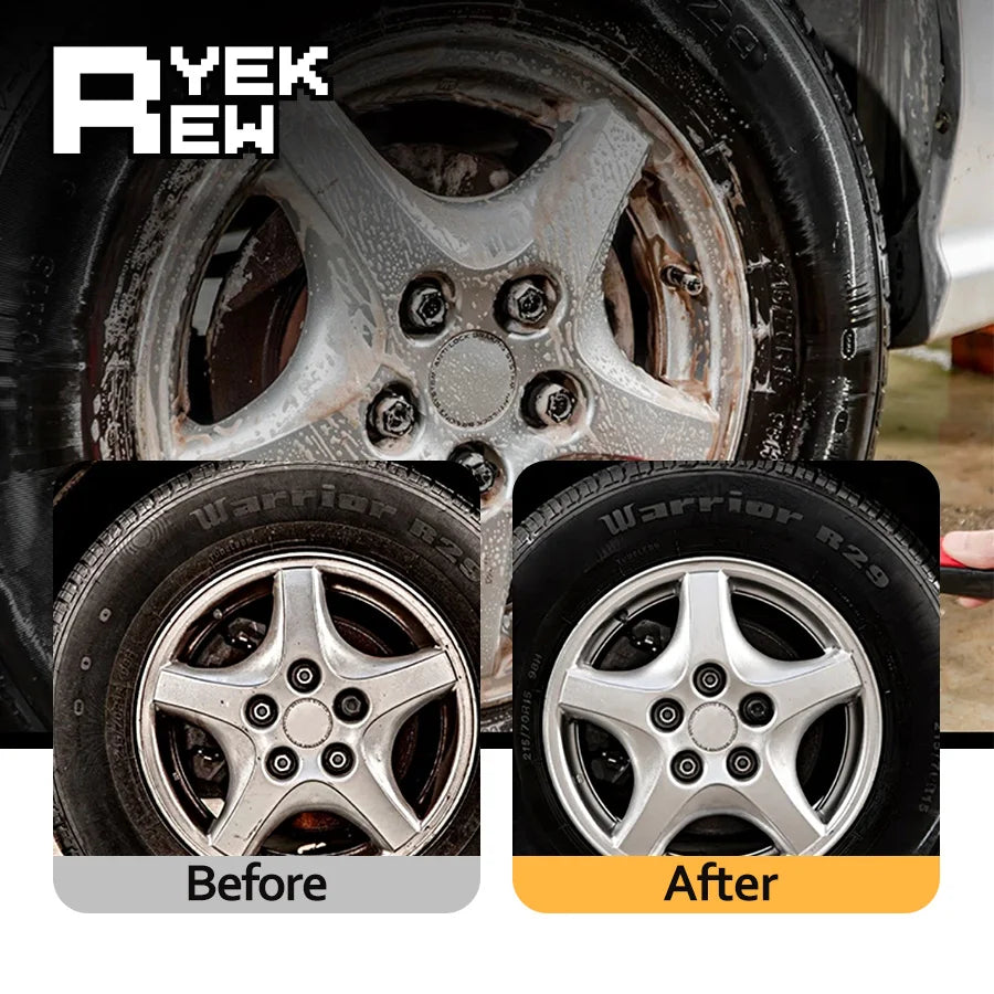 Before and after comparison of a tire and wheel cleaning process using concentrated cleaner