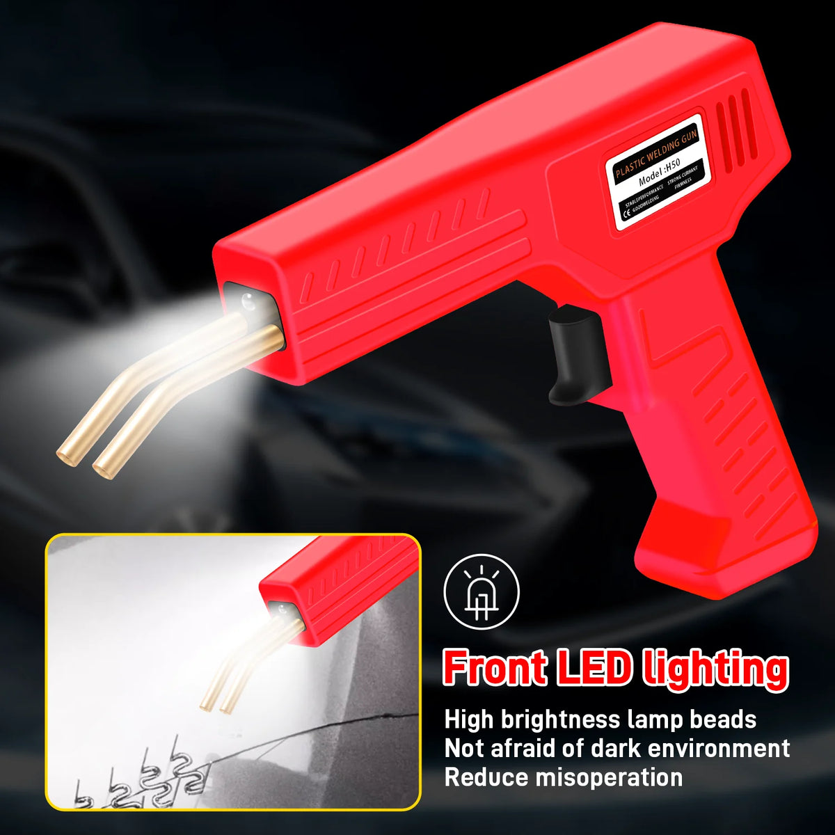 Red plastic welding gun with LED lighting and lamp beads for repairing car bumpers