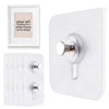 A white wall-mounted hook with a silver finish and a rectangular framed design is shown next to a pack of ten adhesive hooks.
