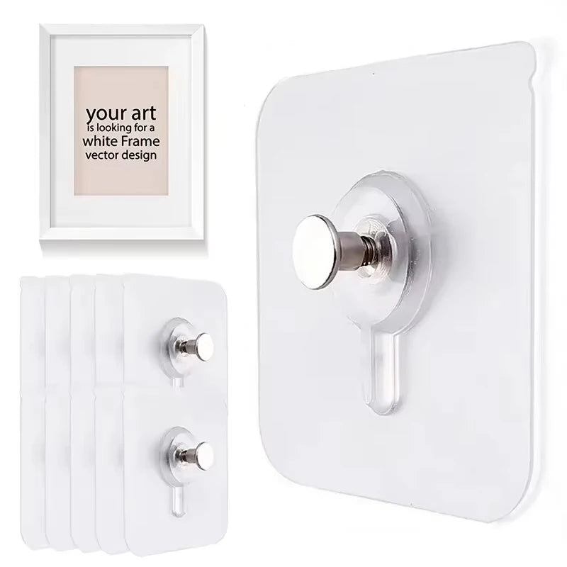 A white wall-mounted hook with a silver finish and a rectangular framed design is shown next to a pack of ten adhesive hooks.