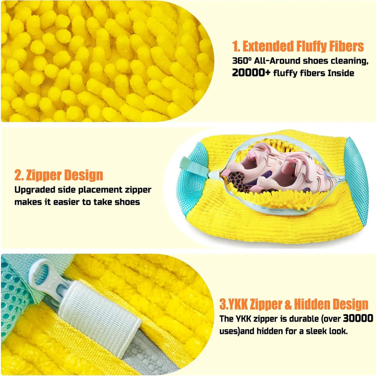 Yellow fluffy fibers inside a reusable shoe washing bag with a zipper design